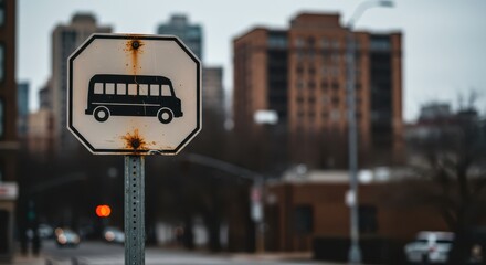Looking Up at Aged Bus Stop Sign in an Urban Setting