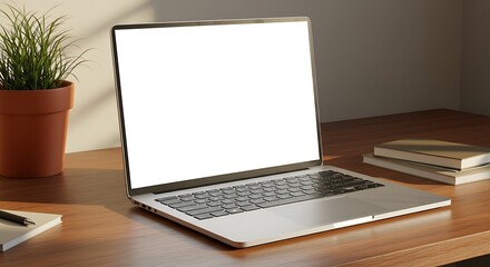Fototapeta premium Laptop with Blank Screen on Wooden Desk in Office Setting