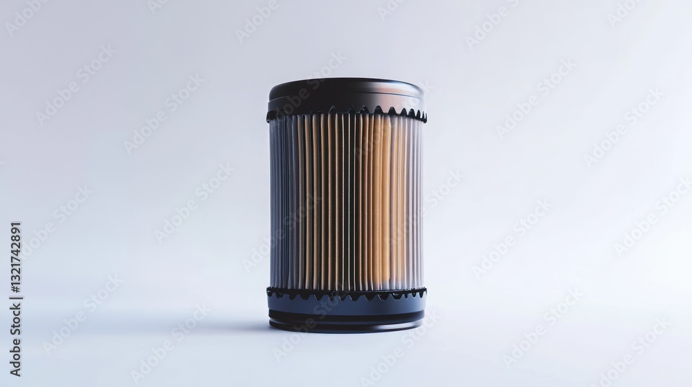 Aufkleber cylindrical filter with vertical, golden-toned elements inside a dark casing, isolated on a light ba