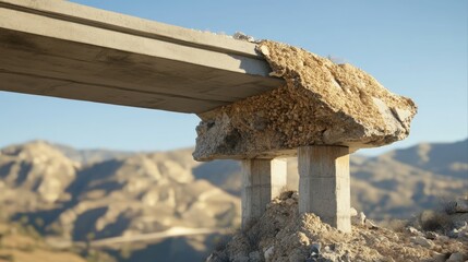 Damaged concrete bridge section over mountains.