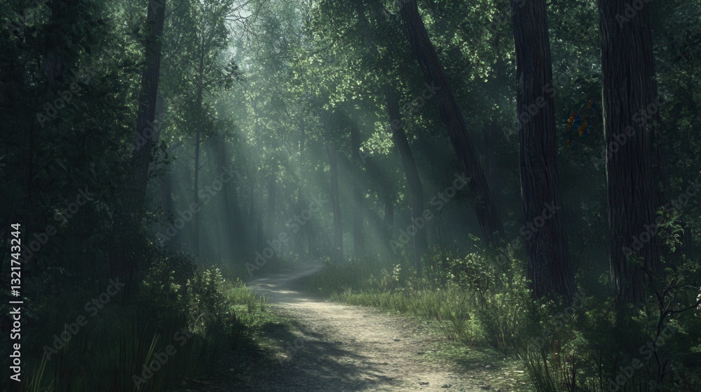 Poster Explore a serene forest path beneath towering trees illuminated by soft sunlight filtering through lush green leaves