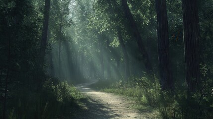 Fototapeta premium Explore a serene forest path beneath towering trees illuminated by soft sunlight filtering through lush green leaves
