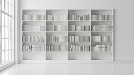 Minimalist white bookshelf with uniformly arranged books