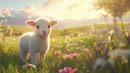 Obraz premium A fluffy lamb stands in a sunlit field of flowers