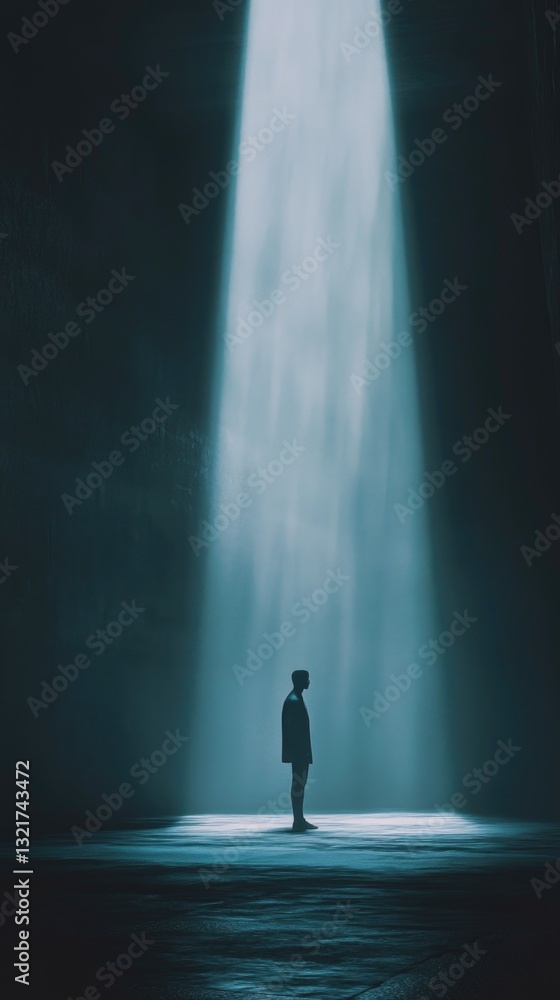 Poster a person standing near the edge of a large waterfall, with mist and water splashing around