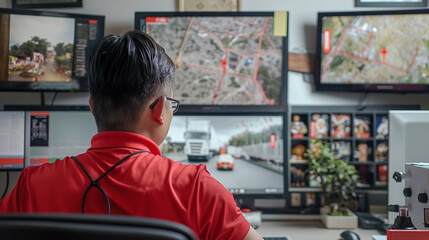 Logistics control room with multiple screens monitoring trucks