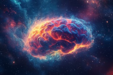 Colorful digital rendering of a brain with swirling energy in a cosmic background.