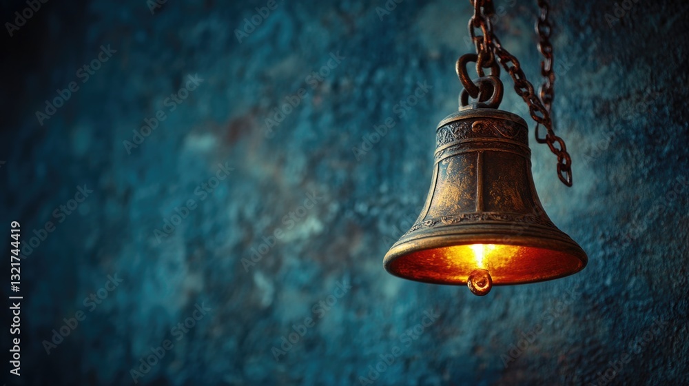 Poster a single bell hangs from a chain on a wall, simple and elegant