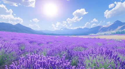 Fototapeta premium A vibrant lavender field under a bright sun with mountains in the background.