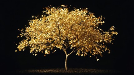 A solitary tree covered in golden leaves on a black background