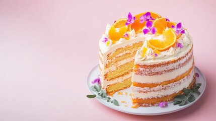 Orange Cake with Elegant Purple Flowers: A Celebration Cake