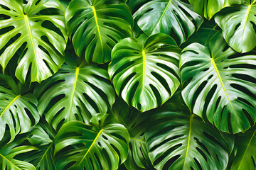 Lush green Monstera deliciosa leaves, vibrant tropical foliage background, perfect for nature-themed designs.
