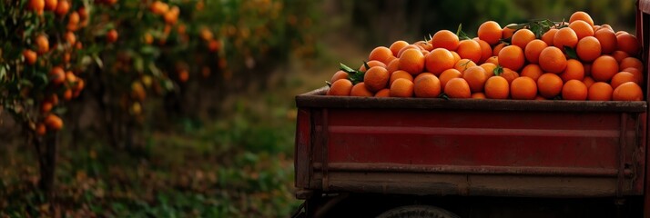 Freshly harvested citrus fruits are depicted in a vintage cart, set amidst orchards, encapsulating the essence of seasonal bounty and agricultural beauty.