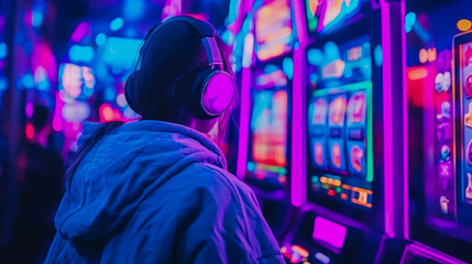 Fototapeta premium Gambling Night: Woman with Headphones at Neon Slot Machines