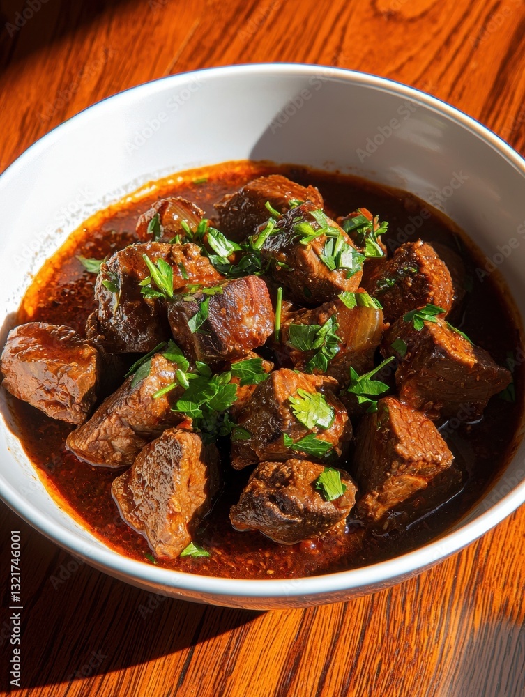 Poster bowl of beef stew on a wooden table. the stew is a rich red color and appears to be made with chunks