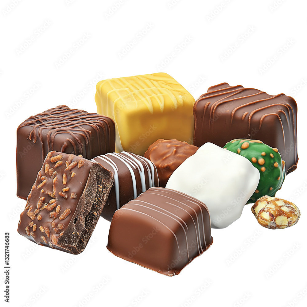 Poster an elegant display of a variety of rich and decadent chocolates arranged in a beautifully crafted ar