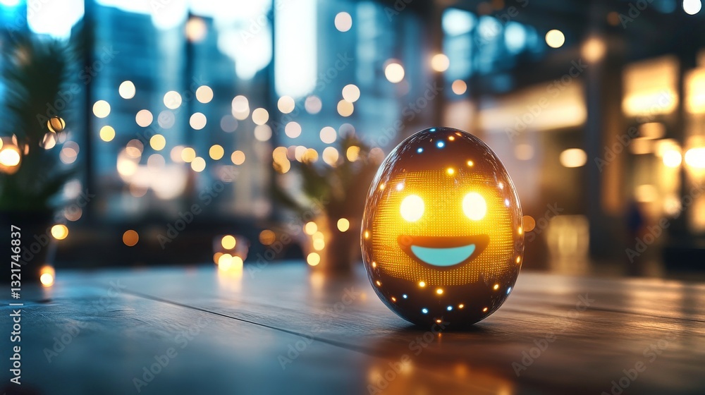 Poster robot with glowing face in a softly lit modern cafe setting during evening hours