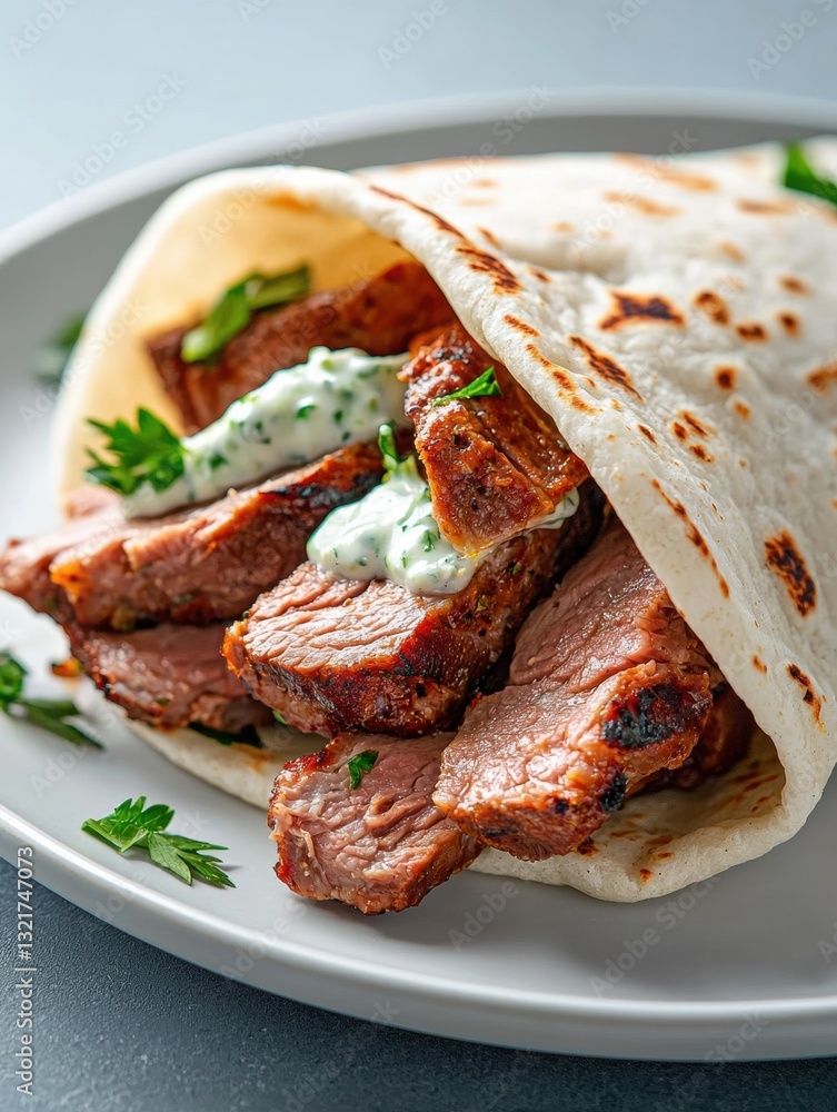 Poster plate with a wrap on it. the wrap is made of a tortilla or pita bread and is filled with sliced meat