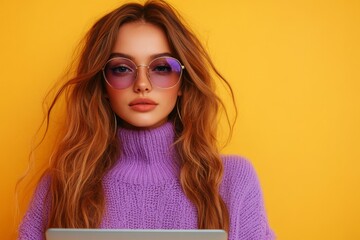 Beautiful young woman holding a notebook with yellow background