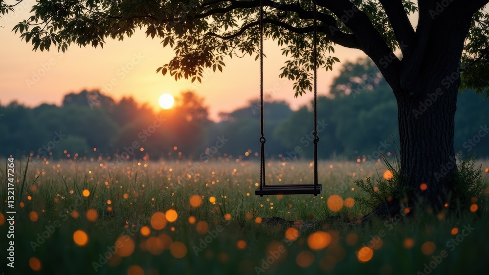Poster swing is hanging from a tree in a field. the sun is setting in the background, casting a warm glow o