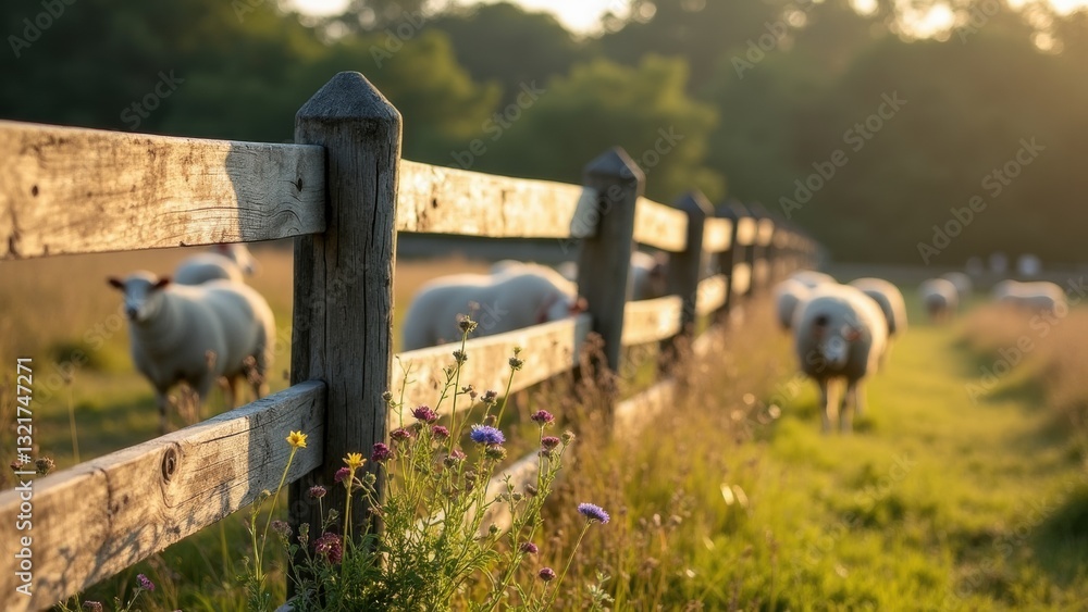 Poster group of sheep are grazing in a field behind a wooden fence. the fence is wooden and has a rustic ap