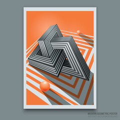 Vector. 3D spheres and striped geometric figure of impossible shape in perspective. Expressive color palette. Modern abstract poster for interior and printing. 