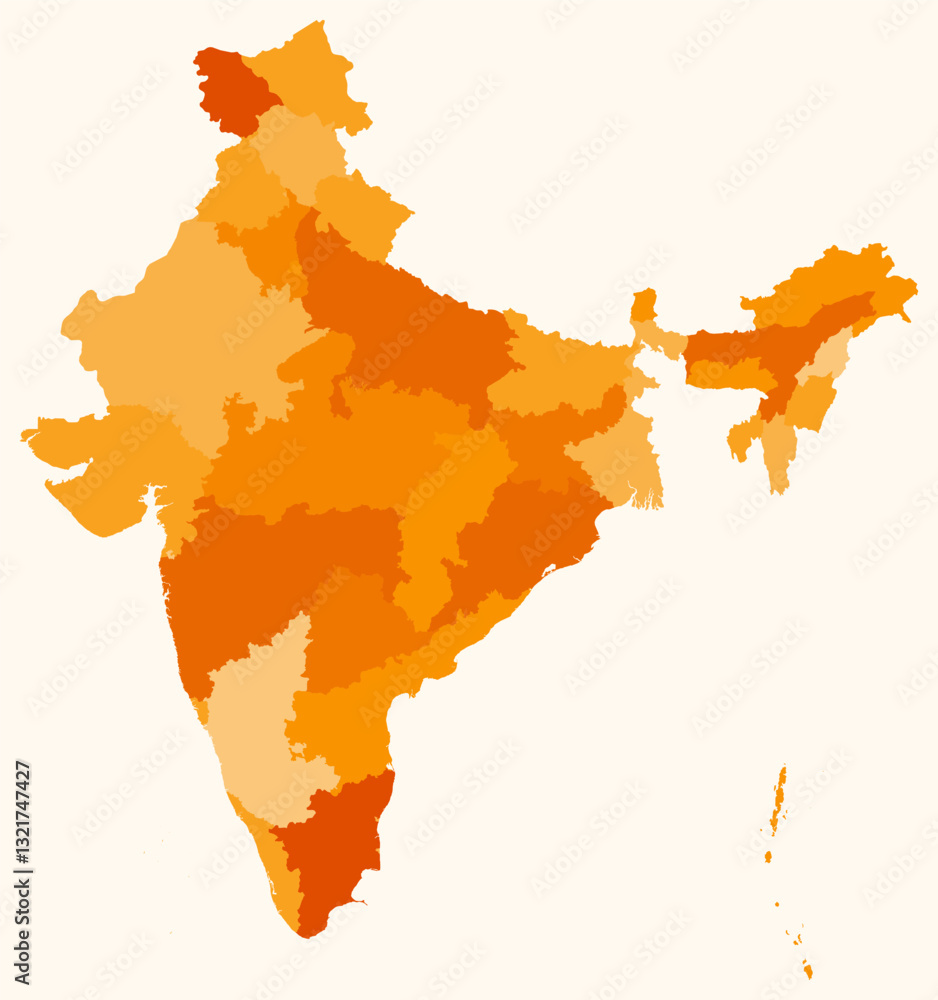 Poster map of india with states. just a simple country border map with state division. orange color palette