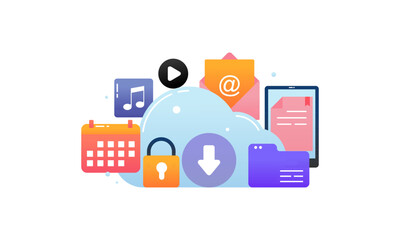 Files in Cloud Storage System. Cloud Computing and Database Service. Online Server to Store and Share Data Illustration.