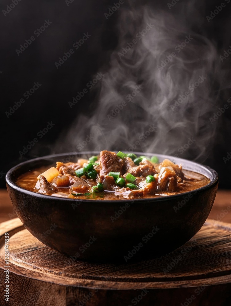 Poster bowl of soup on a wooden table. the soup appears to be a stew or stew with chunks of meat and vegeta