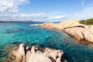 Turquoise waters meet rocky shores near San Teodoro, Sardinia. The emerald coastline. A stunning...