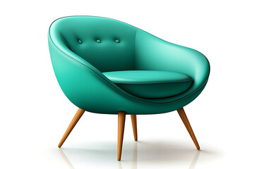 Stylish teal armchair with a rounded back button detailing and tapered wooden legs against a white background.