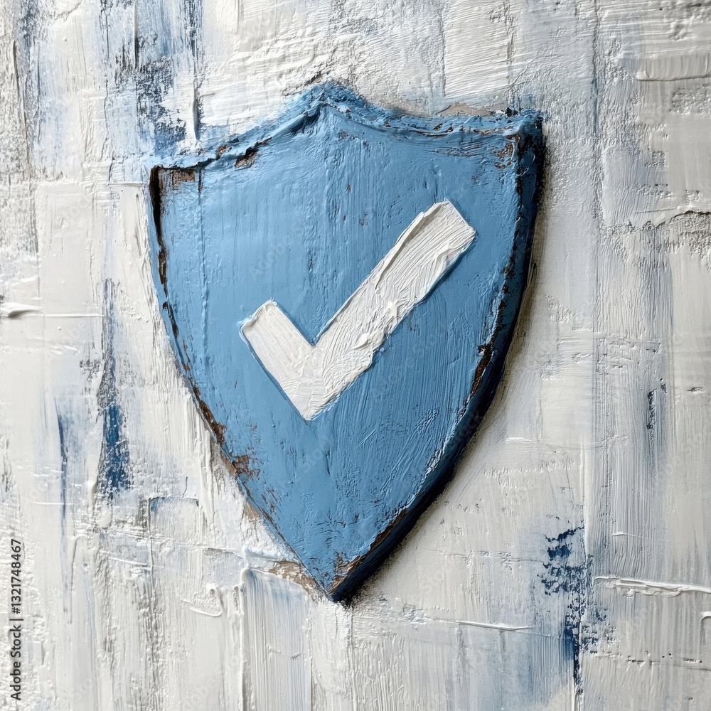Poster blue shield with check mark symbol on textured background