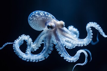Obraz premium A translucent octopus with delicate tentacles swims gracefully in dark water