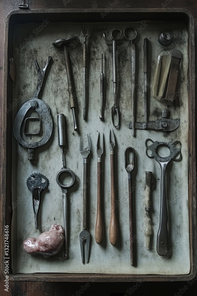 Poster tools and equipment arranged on a metal tray on a wooden table, ideal for use in diy projects or as 