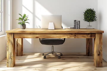 Fototapeta premium Wooden desk computer houseplants books and a rolling chair in a sunny minimalist home office.