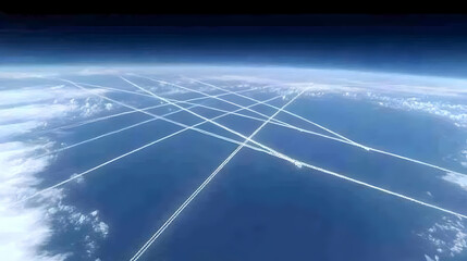 Airplane trails over ocean