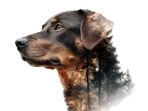 Imaginative double exposure illustration with a dog's head and a forest slope. Transparent background. 