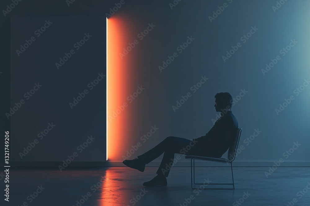 Poster a person sitting in a chair facing a wall, great for use as a placeholder or background image