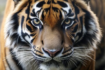 Naklejka premium Portrait of a majestic tiger gazing directly into the camera with striking detail in its fur and captivating eyes