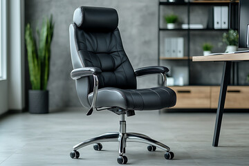 Black leather executive chair with chrome accents in modern office setting.