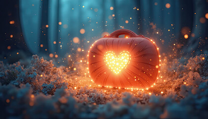 Whimsical Digital Illustration of a Magical First Aid Kit with a Heart, Glowing with Healing Energy in an Enchanted Mist