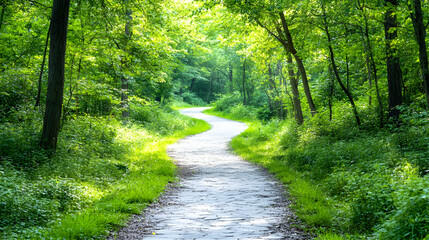 Obraz premium Winding stone path through lush green forest Sunlight dapples leaves