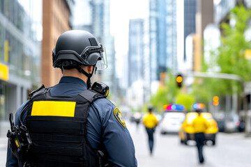A police officer in tactical gear stands in a city street, observing the surroundings with other officers in the background.