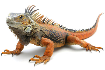 Fototapeta premium Orange iguana with spiky dorsal crest posing on a plain white background detailed scales and unique features.