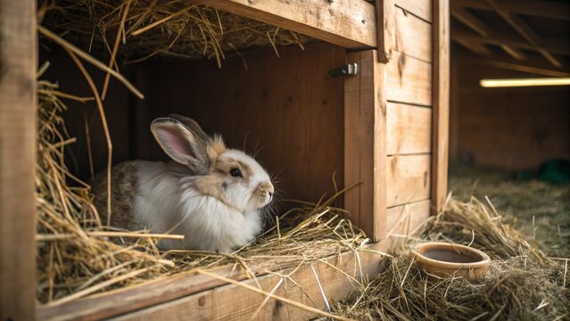 A cozy scene of a rabbit relaxing in a wooden hutch filled with straw, showcasing a safe and comfortable shelter for domestic pets - Powered by Adobe