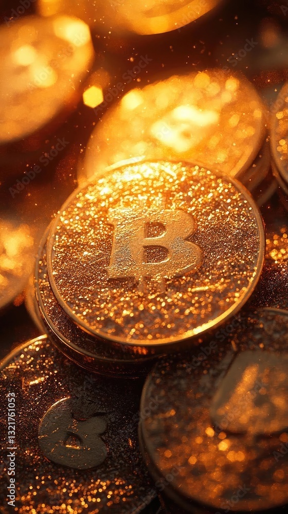 Aufkleber glimmering bitcoin coins piled together with soft light and sparkles in the background