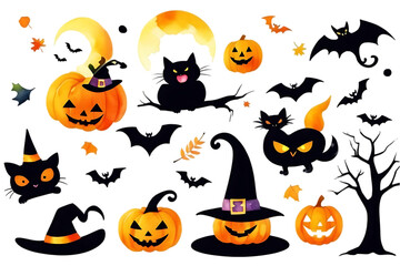Fototapeta premium Halloween Graphic Illustration Featuring Pumpkins Cats Bats and Witch Hats