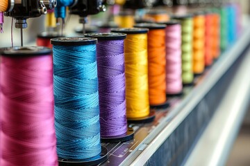 A vibrant array of colorful thread spools aligned on an industrial machine
