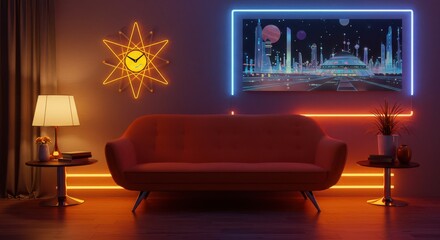 Living Room Interior with Retro Couch and Futuristic Neon Lighting