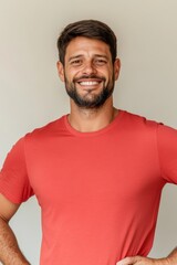 Obraz premium Portrait of a 30-year-old cisgender man smiling with dark hair and beard wearing a red shirt with light skin in front of a plain background